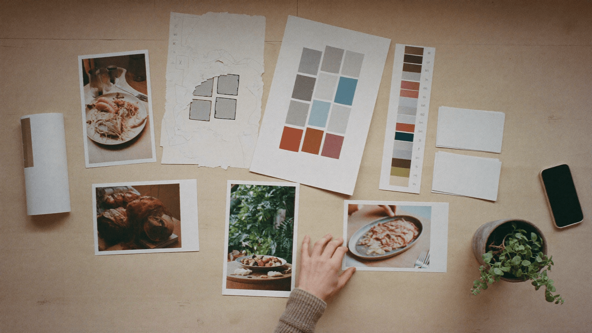 Mesa de trabalho vista de cima com fotos impressas, paleta de cores e rascunhos de layout durante a produção da peça